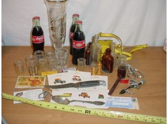 Coke & Cream Bottles, Silver Overlay Vase, Pipe, Knife, More  (5)