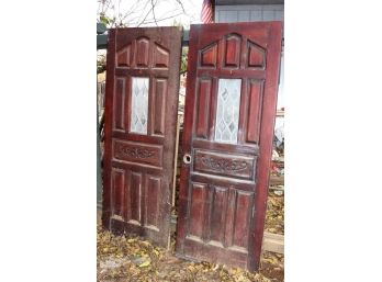 Pair Pine Raised Panel And Carved Doors W/leaded Beveled Panels  (215)