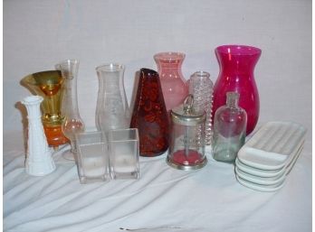 Misc Lot - Red Glass Vases, Corn Plates, More  (21)