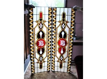 Beautiful Pair Of Stained Glass Sidelight Panels, Etched And Beveled With Jewels, 18'x 27'     (83)