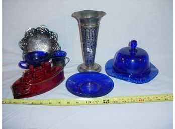 Blue Glass Butter W/cover, Amberina 'Remember The Main', More  (4)