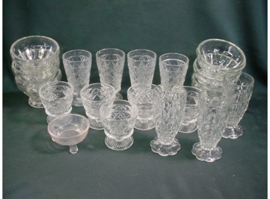 Glassware:  Tumblers, Sherbets,  6 Bowls, 3 Legged Bowl,  (58)