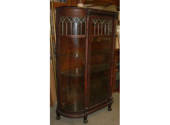 Tall Original Finish Oak Curved Glass China Cabinet        (76)