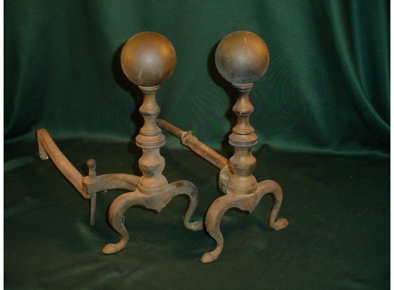 Pair Of Brass Andirons With Cannonball Finials   (204)