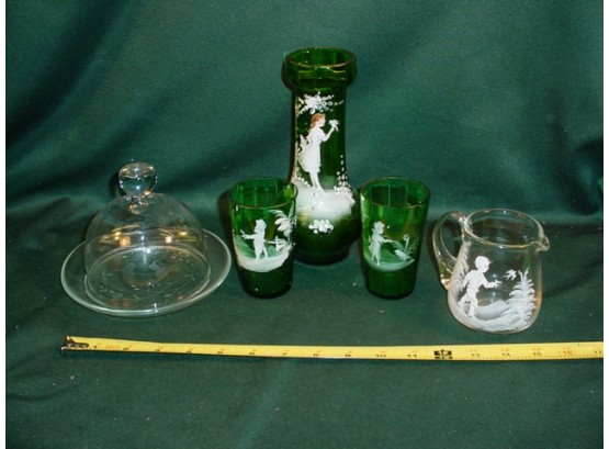 3 Piece Green 'Mary Gregory' Glass Set, Clear 'Mary Gregory'pitcher,  Covered Butter Dish   (175)