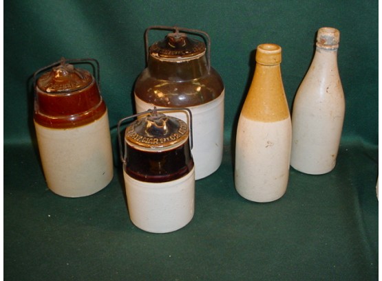 2 Ginger Beer Bottles, 3 Stoneware Weir Food Storage Jars   (96)
