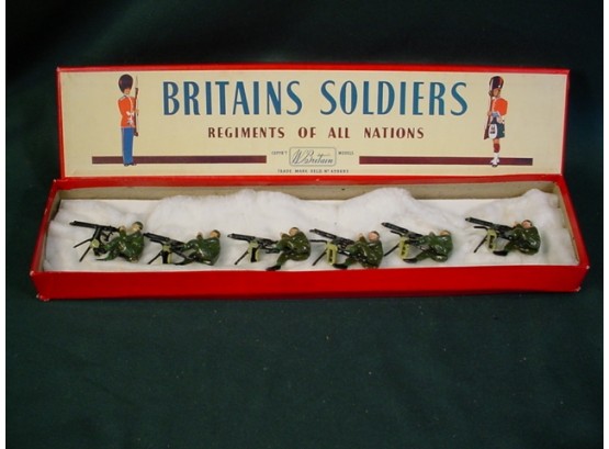 Old Set Of 6 Metal Toy Soldiers & 6 Guns - #1318  'british Machine Gunners'   (156)