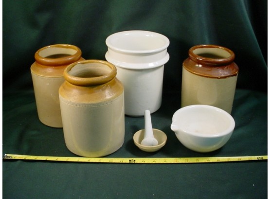 4 Stoneware Crocks, Porcelain Mortar & Pestle, Stoneware Bowl   (180)