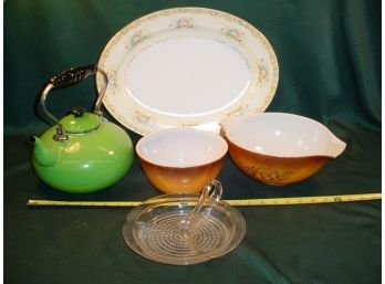 Noritake Platter, 16' Teapot (new), Pyrex Bowls, Handled Glass Bowl  (12)