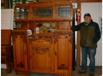 Extra Large Carved Oak Sideboard With Beveled Glass And Mirrored Top And Marble Shelf (84)