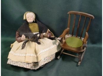 Old Lady Knitter Doll In Rocking Chair  (114)