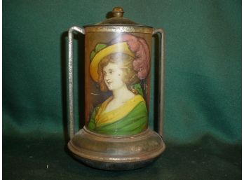Very Old Lidded Decorated Tin Container With Handle, London   (90)