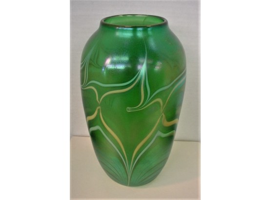 Large Irridized Orient & Flume Hand Blown Glass Vase With Pulled Thread Design, 1985, 11' High      (4)