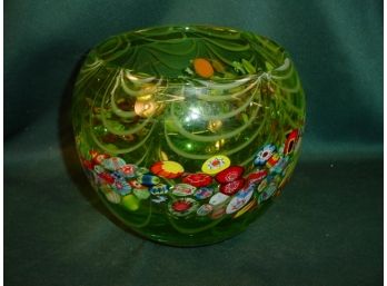 Beautiful Hand Blown Glass Bowl With Pulled Feather And Millefiori Canes, 7' High  (90)