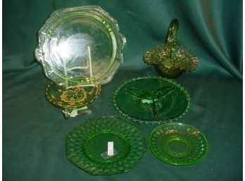 6 Piece Green Glass: 10' Cake Plate, 7.5' Plate, Saucer, Compote Divided Bowl, Basket   (177)