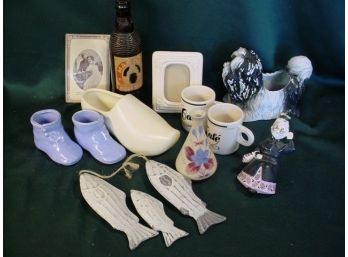Assorted Lot: Glass Decorated Vase, 3 Shoes USA, Mason Root Beer Bottle, More   (212)