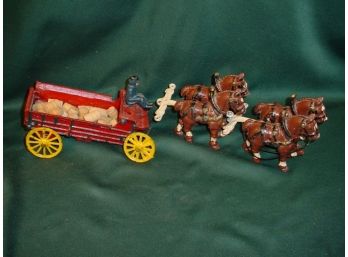 Old Cast Iron Wagon With 4 Horses And Wood Barrels (79)