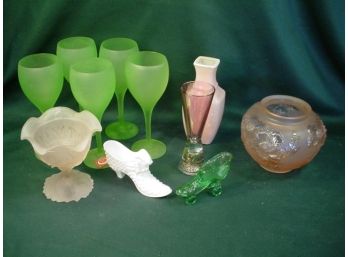 5 Green Goblets, Fenton Shoe And Skate, Bowl, Imperial Vase (191)