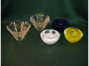 Heavy Glass Pair Orrefors  Swedish Bowls & 3 Heavy Glass Candle Holders (?)  (172)