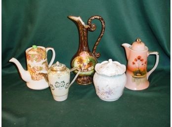 3 Teapots, Cracker Jar, Ewer, Vase   (190)
