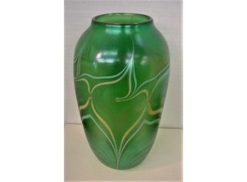 Large Irridized Orient & Flume Hand Blown Glass Vase With Pulled Thread Design, 1985, 11' High      (4)