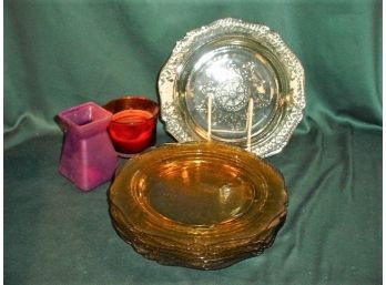 8 Patrician 'Spoke' Federal Glass Amber 11' Depression Era Plates, Vase, Candle  (215)