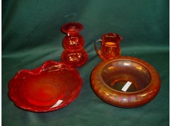 2 Amberina Crackle Glass Pieces,  Amber 8' Carnival Bowl , Amber 8' Controlled Bubble Dish  (77)