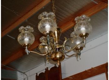 Hanging Brass & Glass 5 Arm Chandelier With 5 Matching Shades  (134)