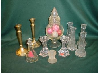 Brass And Crystal Candlesticks, Lidded Candy Jar, 4 Bud Vases  (180)