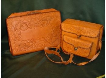 Tooled Leather Brief Case And Matching Over The Shoulder  (camera?)Case  (75)