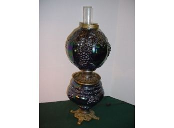 Reproduction Blue Carnival Glass Electrified  Gone With The Wind Lamp  (198)