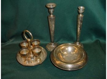 3 Pieces Sterling - 2 Candlesticks, Footed Bowl  Silverplate Set Of 4 Cordials  (98)