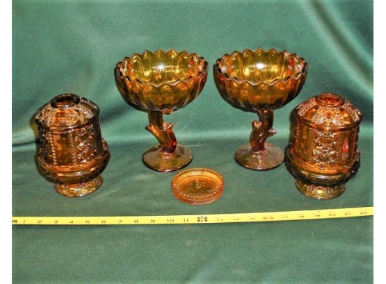 Group Of 7 Pieces Vintage Amber Pattern Glass  (242)