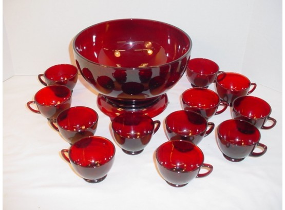 10' Anchor Hocking 'Royal Ruby' Punch Bowl With Base & 12 Cups   (179)