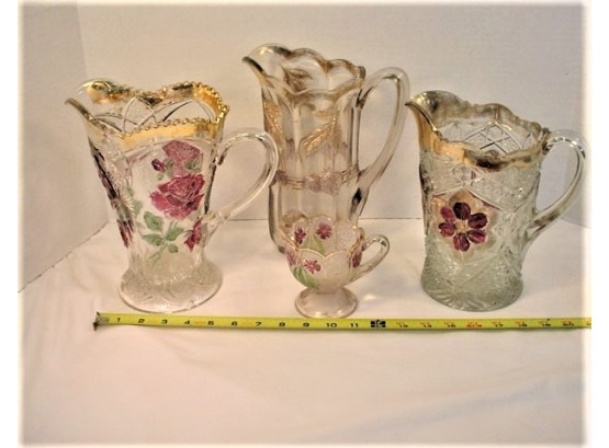 Group Of 4 Antique Decorated Pattern Glass Pitchers  (192)