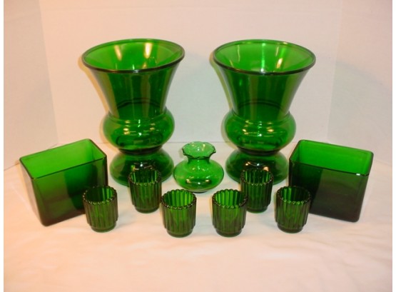 11 Pieces 'Forest Green' Glass, One Marked Anchor Hocking  (175)