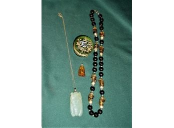Enamel Decorated Glass Box, Amber(?) Necklace And Amber(?) Pendant , Jade Like Pendant  (204)
