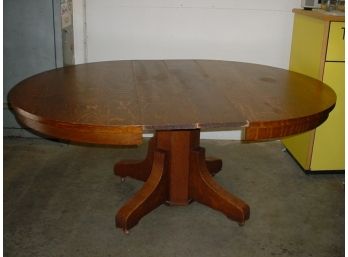 Antique Arts & Crafts Style  54' Diameter  Quartersawn Oak Table With Two 9' Leaves, Ca 1910(248)