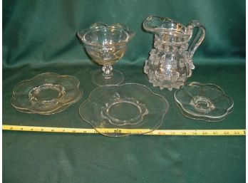 Group Of 5 Glass Plates, Pitcher, Compote  (165)