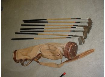 7 Spalding Wood Shaft Golf Clubs - Irons (ca 1927) In Canvas Bag & With Balls  (225)