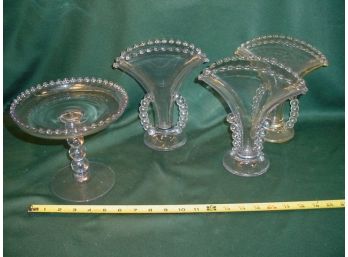 3 Candlewick Pattern Glass Vases, 8.5' High And Compote, 8' High  (162)
