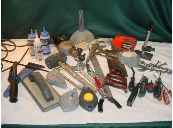 Tool Lot:  Screwdrivers, Black & Decker Drill & Auto Tape, 3 Chalk Lines & Chalk, Hammers, Etc. (24)
