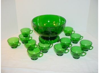 'Forest Green' Glass 10' Punch Bowl And 12 Matching  Cups With Base  (176)