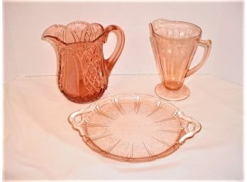 2 Pink Depression Era Pattern Glass Pitchers & Platter   (191)