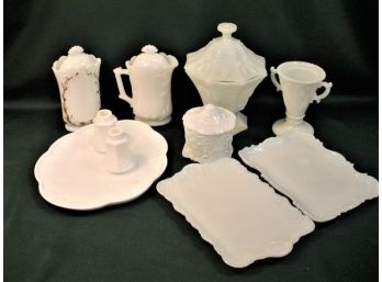 White & Milk Glass: 3 Trays Sugar & Creamer 2 Covered Jars  Salt & Pepper - More  (153)