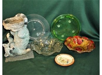 Raccoon Plant Stand, 11'H, Sunflower Cake Plate, Goofus Glass Bowl, Lazy Susan, Ashtray  (244)