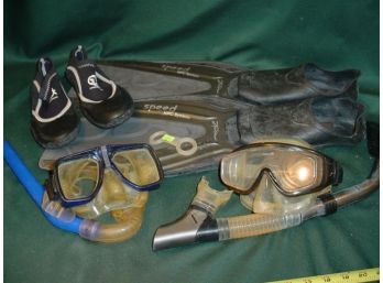 Two Pair Of Swim Fins, 2 Snorklels And Masks & Shoes (11)