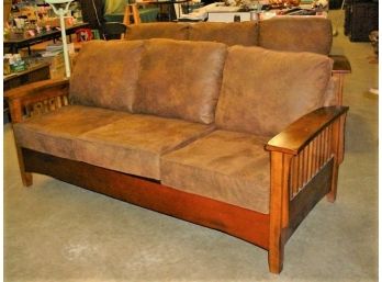 Hardwood Arts & Crafts Style Leather 3 Cushioned Sofa (one Of Two Matching )   (254)