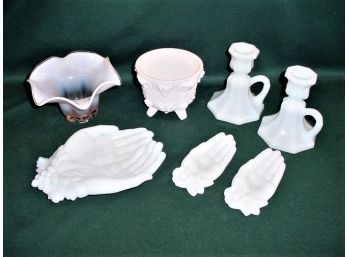 2 Pink Bowls, Pr White Glass Candleholders, 3 Pc Hands Spoonholders  (150)