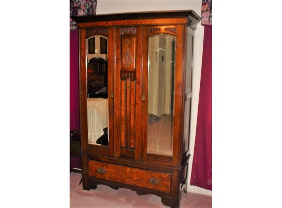 Antique Carved & Mirrored  2 Door Walnut Armoire, Ca 1910 (41)